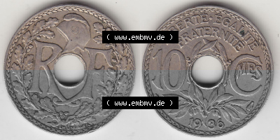 Umlaufmünze 10 Cmes - Centimes - Cent aus Frankreich in der Francs-Währung Sammlung