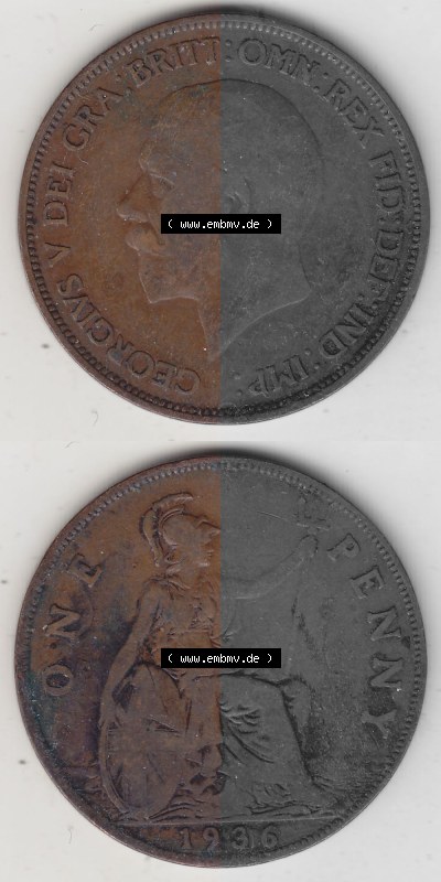 Münzen Großbritannien Umlaufmünze 1928-1936, 1 One Penny, 1936 (Stück 2), George V. BM GEORGIVS V DEI GRABRITTOMNREX FIDDEFINDIMP.... Sammlung