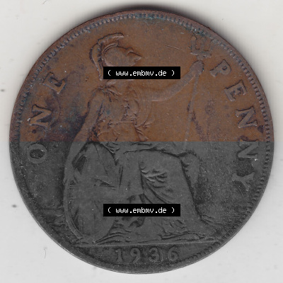 Münzen Großbritannien Umlaufmünze 1928-1936, 1 One Penny, 1936 (Stück 2), George V. BM GEORGIVS V DEI GRABRITTOMNREX FIDDEFINDIMP.... Sammlung
