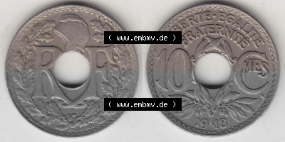 Münzen Frankreich Umlaufmünze Vollansicht 1917-1938, 10 Centimes, 10 CMES EGALITÉ FRATERNITÉ LIBERTÉ 1918 (Stück 1). Beidseitiges... Sammlung