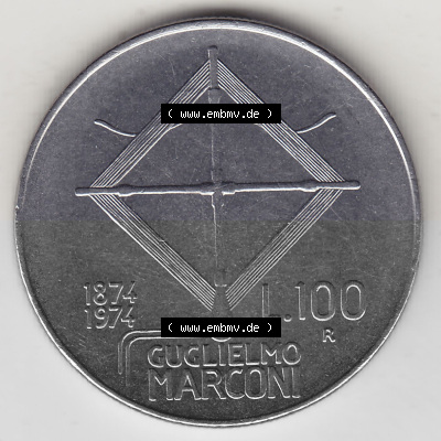 Bildmaterial von Münzen aus Italien / Italia Gedenkmünzen 1974-1974, 100 Lire, 100. Geburtstag von Guglielmo Marconi (1874-1974)-1.... Sammlung