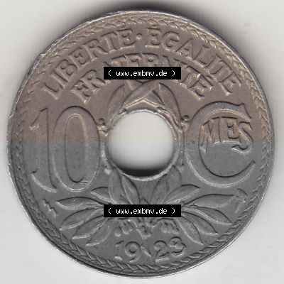 Frankreich 10 CMES EGALITÉ FRATERNITÉ LIBERTÉ 1923 (Stück 1), 10 Cmes / Centime / Cent Umlaufmünze aus Frankreich in der... Sammlung