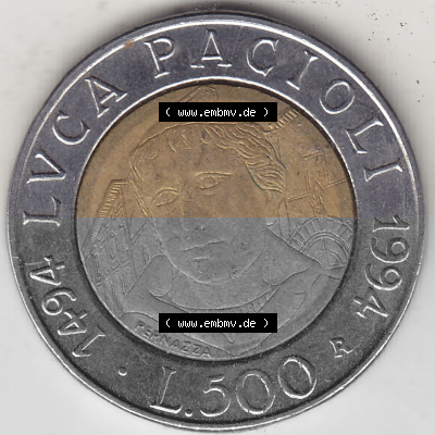 Bildmaterial von Münzen aus Italien / Italia Gedenkmünzen 1994-1994, 500 Lire, 500. Geburtstag von Luca Pacioli (1494-1994)-1.... Sammlung