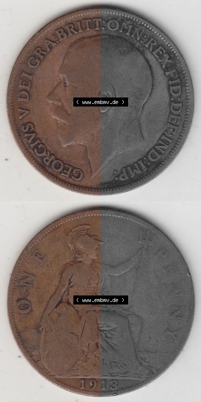 Münzen Großbritannien Umlaufmünze 1911-1926, 1 One Penny, 1913 (Stück 1), George V, B.M. GEORGIVS V DEI GRABRITTOMNREX FIDDEFINDIMP.... Sammlung