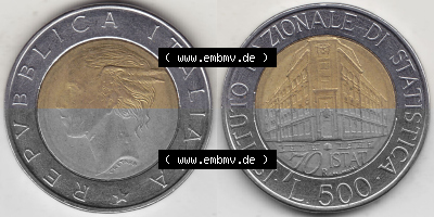 Bildmaterial von Münzen aus Italien / Italia Gedenkmünzen 1996-1996, 500 Lire, 70 Jahre Nationales Institut für Statistik (1926-1996),... Sammlung