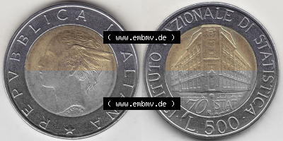 Bildmaterial von Münzen aus Italien / Italia Gedenkmünzen 1996-1996, 500 Lire, 70 Jahre Nationales Institut für Statistik (1926-1996),... Sammlung