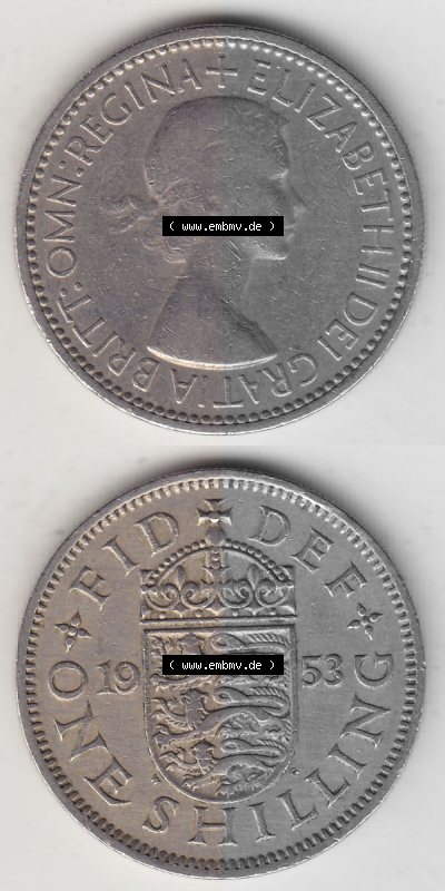 Münzen Großbritannien Umlaufmünze 1954-1970, 1 Schilling - One Shilling, 1953 (Stück 1) Wappen mit drei Löwen. Vorderseite... Sammlung