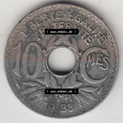 Münzen Frankreich Umlaufmünze 1917-1938, 10 Centimes, 10 CMES EGALITÉ FRATERNITÉ LIBERTÉ 1933 (Stück 1). Digitales Bild... Sammlung