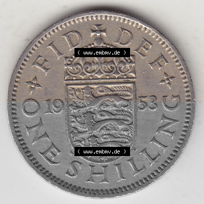 Münzen Großbritannien Umlaufmünze 1954-1970, 1 Schilling - One Shilling, 1953 (Stück 1) Wappen mit drei Löwen. Rückseite... Sammlung