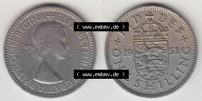 Münzen Großbritannien Umlaufmünze 1954-1970, 1 Schilling - One Shilling, 1953 (Stück 1) Wappen mit drei Löwen. Vorderseite... Sammlung