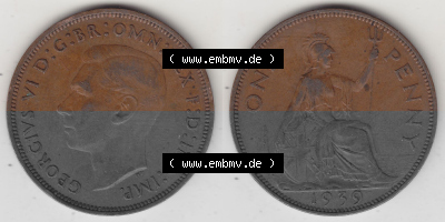 Münzen Großbritannien Umlaufmünze 1937-1948. 1 One Penny 1939 (Stück 1), George VI, GEORGIVS VI DGBROMNREX FDINDIMP. HP. Vorderseite... Sammlung