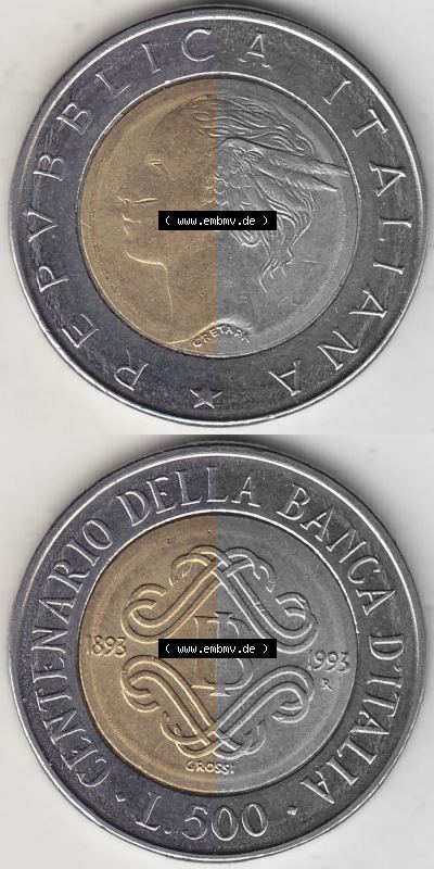 Bildmaterial von Münzen aus Italien / Italia Gedenkmünzen 1993-1993, 500 Lire, 100 Jahre Bank von Italien (1893-1993), CENTENARIO... Sammlung