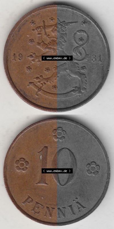 Alte Münzen KMS Finnland, Kursmünzensatz 1919-1940, 10 Penny, Penniä 1931. Digitales Bild / Bildmaterial für IPhone und Mobil-Geräte... Sammlung