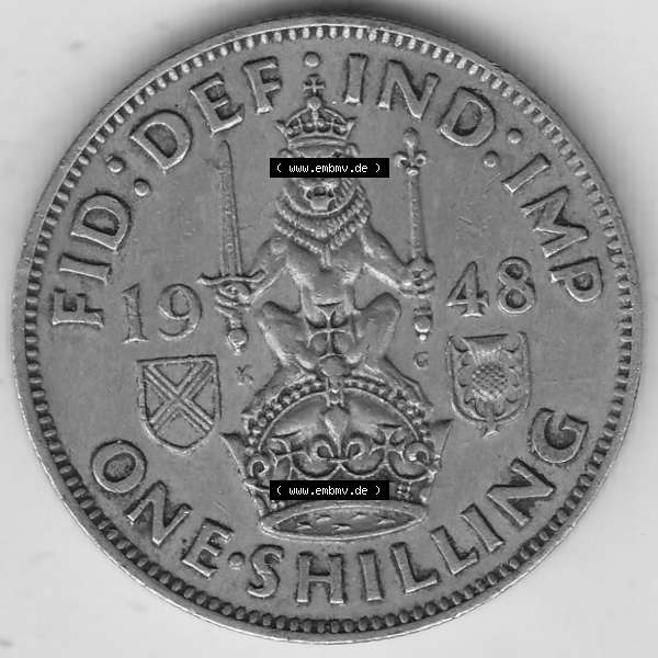 Grau bzw. s/w Alte Münzen Großbritannien Umlaufmünze 1947-1948, 2 Schilling - One Shillings 1948-3 Sitzender Löwe auf Krone. Rückseite der alten britischen Münze aus Großbritannien... Sammlung Graustufen