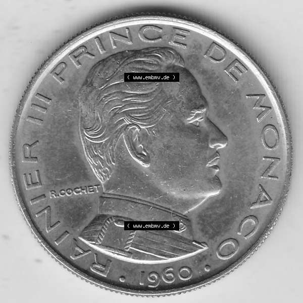 Grau bzw. s/w Alte Münzen Monaco Umlaufmünze Einzelansicht 1960-1995, 1 Franken, Francs 1960-1, RAINIER III PRINCE DE MONACO R. COCHET, 1 FR DEO JUVANTE. Vorderseite der... Sammlung Graustufen