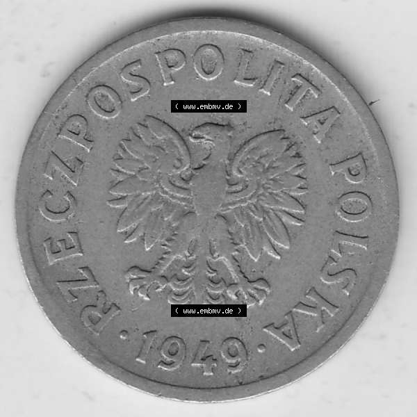 Grau bzw. s/w Münzen Polen KMS, Kursmünzensatz 1949-1949, Republik Polen 10 Groszy, Groschen, Kupfer 1949-1. Vorderseite einer polnischen Münzen auf einen Digitalen Bild... Sammlung Graustufen