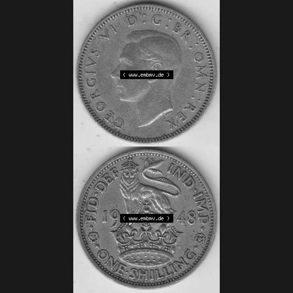 Grau bzw. s/w Alte Münzen Großbritannien Umlaufmünze 1949-1951, 1 One Schilling - Shilling, 1948-2 Stehender Löwe auf Krone. Vorderseite und Rückseite vertikal untereinander... Sammlung Graustufen