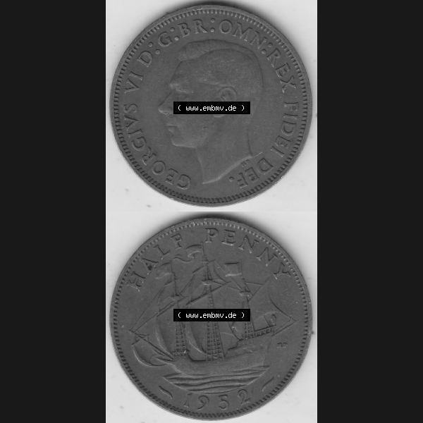 Grau bzw. s/w Alte Münzen Großbritannien Umlaufmünze 1949-1952, Half Penny, 1952-1, George VI, HALF PENNY HP, Segelschiff. Vorderseite und Rückseite vertikal... Sammlung Graustufen