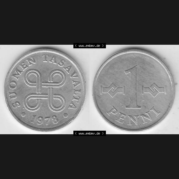Grau bzw. s/w Alte Münzen KMS Finnland, Kursmünzensatz 1978 in Stempelglanz 1969-1979, 1 Penny, 1978-1. Digitales Bild / Bildmaterial mit Vorderseite und Rückseite einer Münze... Sammlung Graustufen