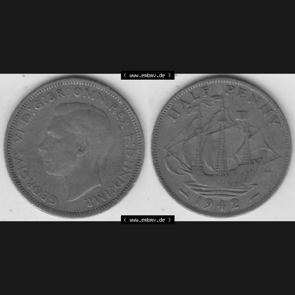 Grau bzw. s/w Alte Münzen Großbritannien Umlaufmünze 1937-1948, Half Penny, 1942-2, George VI, HALF PENNY HP, Segelschiff. Vorderseite und Rückseite horizontal... Sammlung Graustufen
