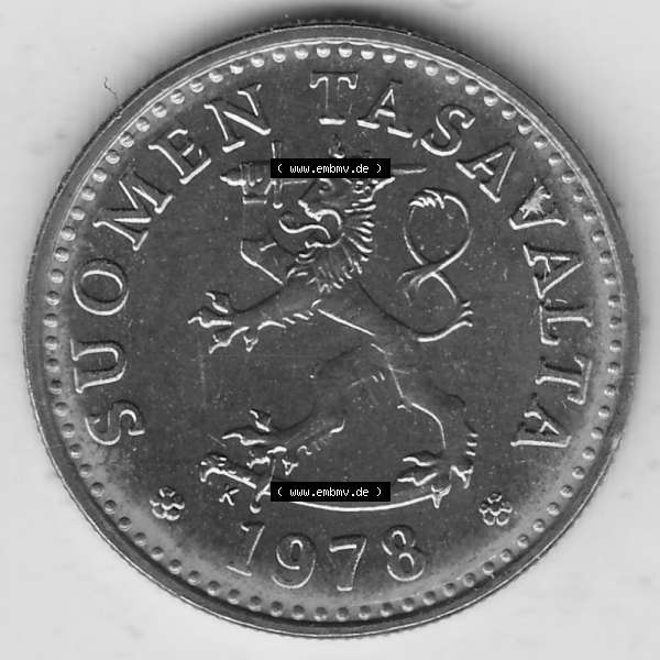 Grau bzw. s/w Alte Münzen KMS Finnland, Kursmünzensatz 1978 in Stempelglanz 1963-1982, 10 Penny, 1978-1. Vorderseite einer Münze aus offiziellen KMS / Kursmünzen bzw.... Sammlung Graustufen