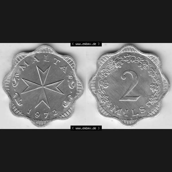 Grau bzw. s/w Bildmaterial Münzensatz / KMS 1972 aus Malta 1972-2007, 2 Mils 1972-1, MALTA 2 MILS. Vorderseite und Rückseite als horizontales Bildmaterial für Computer-Grafiker... Sammlung Graustufen