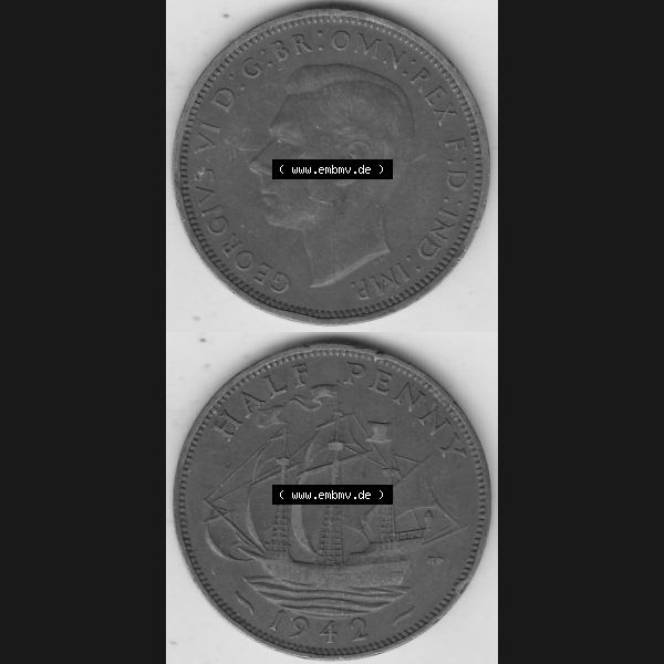 Grau bzw. s/w Alte Münzen Großbritannien Umlaufmünze 1937-1948, Half Penny, 1942-1, George VI, HALF PENNY HP, Segelschiff. Vorderseite und Rückseite vertikal... Sammlung Graustufen