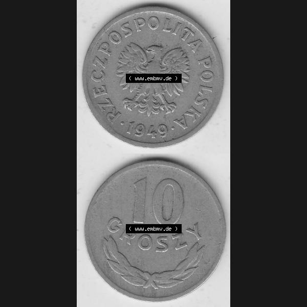 Grau bzw. s/w Münzen Polen KMS, Kursmünzensatz 1949-1949, Republik Polen 10 Groszy, Groschen, Kupfer 1949-1. Vorderseite und Rückseite vertikal, untereinander mit... Sammlung Graustufen