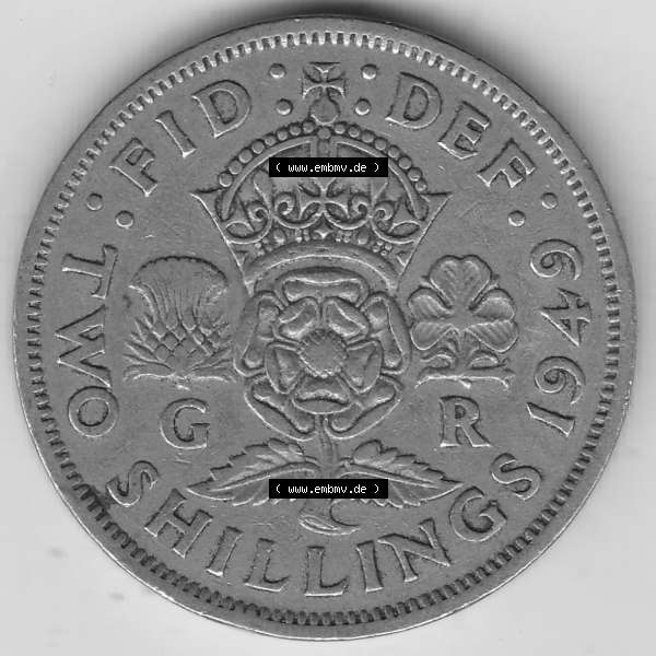 Grau bzw. s/w Alte Münzen Großbritannien Umlaufmünze 1949-1951, 2 Schilling, Shillings (Florin) 1949-2, George VI, GEORGIVS VI DG BR OMN REX, FID DEF TWO SHILLINGS.... Sammlung Graustufen