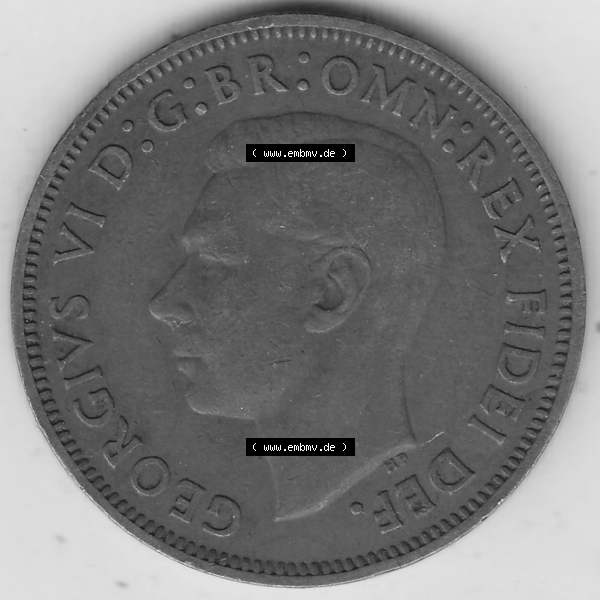 Grau bzw. s/w Alte Münzen Großbritannien Umlaufmünze 1949-1952, Half Penny, 1952-1, George VI, HALF PENNY HP, Segelschiff. Vorderseite der alten britischen Münze... Sammlung Graustufen