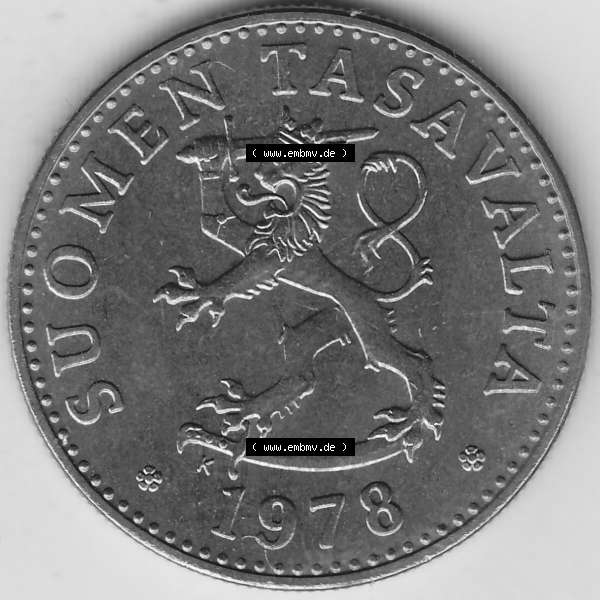 Grau bzw. s/w Alte Münzen KMS Finnland, Kursmünzensatz 1978 in Stempelglanz 1963-1990, 50 Penny 1978-1. Vorderseite einer Münze aus offiziellen KMS / Kursmünzen bzw.... Sammlung Graustufen