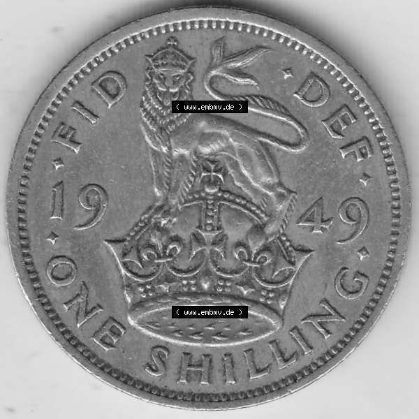 Grau bzw. s/w Alte Münzen Großbritannien Umlaufmünze 1949-1951, 1 One Schilling - Shilling, 1949-2 Stehender Löwe auf Krone. Rückseite der alten britischen Münze aus... Sammlung Graustufen