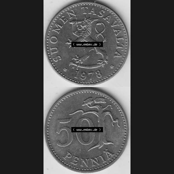 Grau bzw. s/w Alte Münzen KMS Finnland, Kursmünzensatz 1978 in Stempelglanz 1963-1990, 50 Penny 1978-1. Digitales Bild / Bildmaterial für IPhone und Mobil-Geräte mit Vorderseite... Sammlung Graustufen