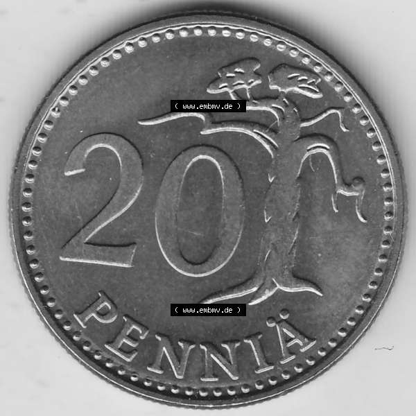 Grau bzw. s/w Alte Münzen KMS Finnland, Kursmünzensatz 1978 in Stempelglanz 1963-1990, 20 Penny, 1978-1. Rückseite mit Wert-Zahl bzw. Nennwert einer Münze aus offiziellen... Sammlung Graustufen