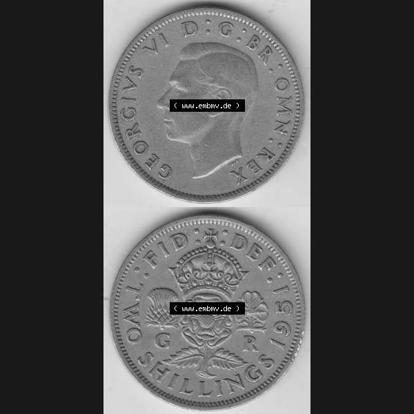 Grau bzw. s/w Alte Münzen Großbritannien Umlaufmünze 1949-1951, 2 Schilling, Shillings (Florin) 1951-1, George VI, GEORGIVS VI DG BR OMN REX, FID DEF TWO SHILLINGS.... Sammlung Graustufen