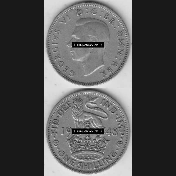 Grau bzw. s/w Alte Münzen Großbritannien Umlaufmünze 1949-1951, 1 One Schilling - Shilling, 1948-5 Stehender Löwe auf Krone. Vorderseite und Rückseite vertikal untereinander... Sammlung Graustufen