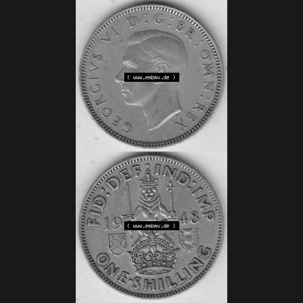 Grau bzw. s/w Alte Münzen Großbritannien Umlaufmünze 1947-1948, 2 Schilling - One Shillings 1948-3 Sitzender Löwe auf Krone. Vorderseite und Rückseite vertikal untereinander auf... Sammlung Graustufen