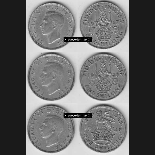 Grau bzw. s/w Alte Münzen Großbritannien Umlaufmünze One Shilling, 1 Schilling 1947, 1948, 1949. Ein Satz alter Münzen aus Großbritannien als Motiv vom digitalen Bild... Sammlung Graustufen