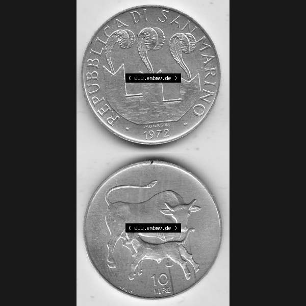 Grau bzw. s/w Bildmaterial Münzensatz / KMS 1972 aus San Marino 1972-1972, 10 Lire 1972, MONASSI REPUBBLICA DI SAN MARINO, 10 LIRE. Vorderseite und Rückseite einer Umlaufmünze... Sammlung Graustufen