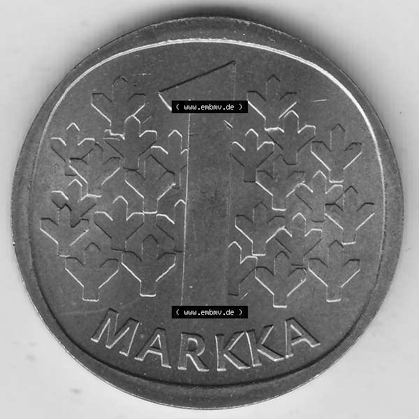 Grau bzw. s/w Alte Münzen KMS Finnland, Kursmünzensatz 1976 in Stempelglanz 1969-1993, 1 Finnische Mark, Markka 1976-1, SUOMEN TASAVALTA. Rückseite einer Münze aus... Sammlung Graustufen