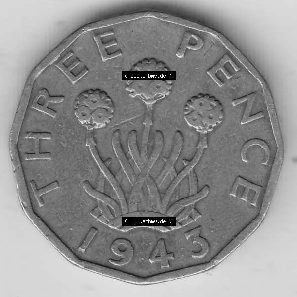 Grau bzw. s/w Alte Münzen Großbritannien Umlaufmünze 1937-1948, 3 Pence, Three Pence 1943-2, George VI, GEORGIVS VI D G BR OMN REX F D IND IMP. Rückseite der alten... Sammlung Graustufen