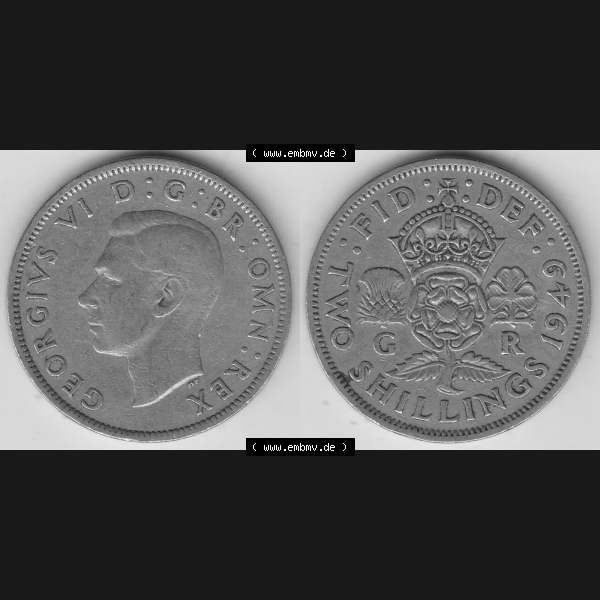 Grau bzw. s/w Alte Münzen Großbritannien Umlaufmünze 1949-1951, 2 Schilling, Shillings (Florin) 1949-2, George VI, GEORGIVS VI DG BR OMN REX, FID DEF TWO SHILLINGS.... Sammlung Graustufen