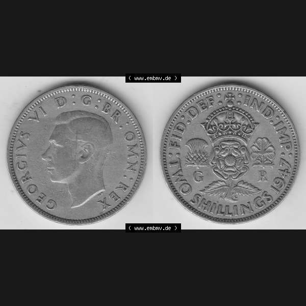 Grau bzw. s/w Alte Münzen Großbritannien Umlaufmünze 1947-1948, 2 Schilling-Florin, Two Shillings, 1947-2, George VI, GEORGIVS VI D G BR OMN REX, FID DEF IND IMP,... Sammlung Graustufen