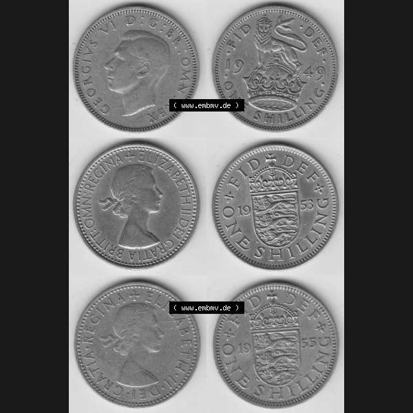 Grau bzw. s/w Alte Münzen Großbritannien Umlaufmünze One Shilling, 1 Schilling 1949, 1953, 1955. Ein Satz alter Münzen aus Großbritannien als Motiv vom digitalen Bild... Sammlung Graustufen