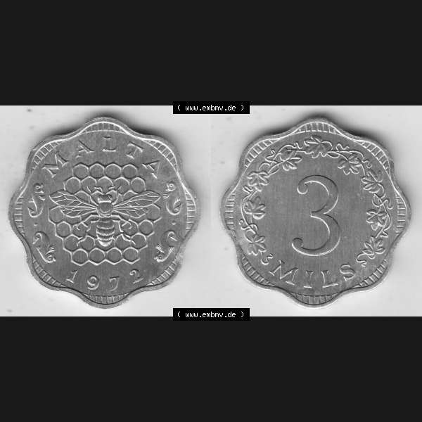 Grau bzw. s/w Bildmaterial Münzensatz / KMS 1972 aus Malta 1972-2006, 3 Mils 1972-1, MALTA 3 MILS. Vorderseite und Rückseite als horizontales Bildmaterial für Computer-Grafiker... Sammlung Graustufen