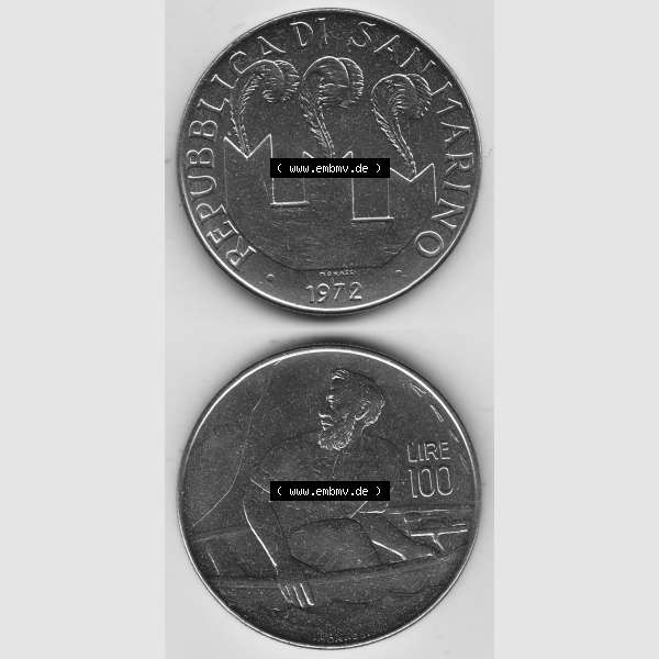 Grau bzw. s/w Bildmaterial Münzensatz / KMS 1972 aus San Marino 1972-1972, 100 Lire von 1972, 100 LIRE MONASSI REPUBBLICA DI SAN MARINO. Vorderseite und Rückseite einer Umlaufmünze... Sammlung Graustufen