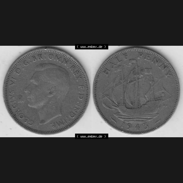 Grau bzw. s/w Alte Münzen Großbritannien Umlaufmünze 1937-1948, Half Penny, 1943-1, George VI, HALF PENNY HP, Segelschiff. Vorderseite und Rückseite horizontal... Sammlung Graustufen