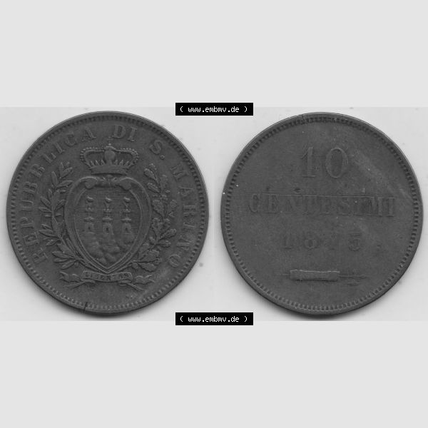 Grau bzw. s/w Bildmaterial Münzen aus San Marino vor 1900, 1875-1894, 10 Centesimi, Cent-Wert, 1875-1, GORI LIBERTAS REPUBBLICA DI S. MARINO, 10 CENTESIMI. Vorderseite... Sammlung Graustufen