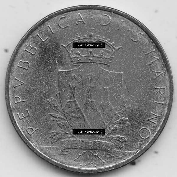 Grau bzw. s/w Bildmaterial Münzensatz / KMS 1979 aus San Marino 1979-1979, 20 Lire, J. V. LIBERTAS REPVBBLICA DI S. MARINO, 1979 20 LIRE. Vorderseite einer Umlaufmünze... Sammlung Graustufen