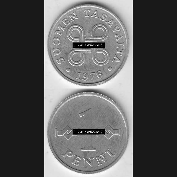 Grau bzw. s/w Alte Münzen KMS Finnland, Kursmünzensatz 1976 in Stempelglanz 1969-1979, 1 Penny, Penni 1976-1, SUOMEN TASAVALTA. Vorderseite und Rückseite vertikal zusammengefügt... Sammlung Graustufen